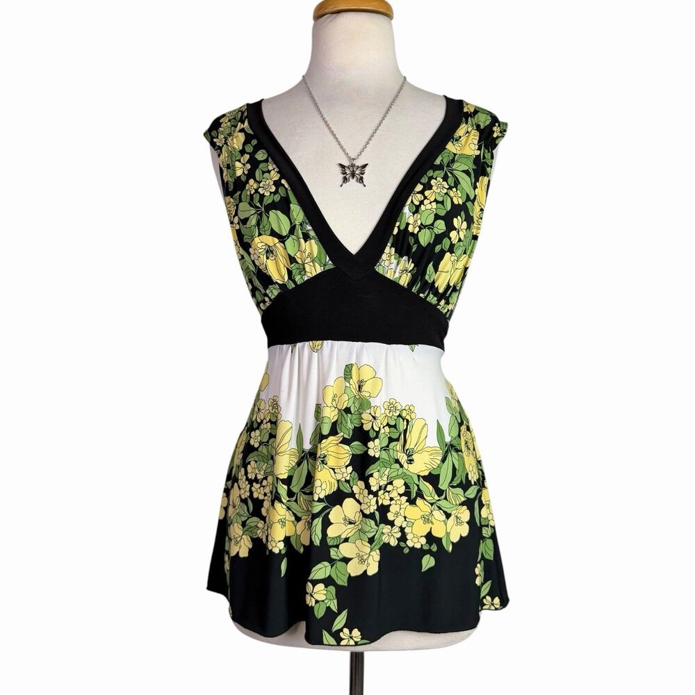 VTG XOXO Y2K Floral Empire Waist Cap Sleeve Babydoll Top V-Neck Blouse Medium